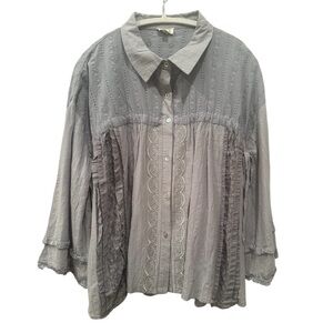 POL Boho Light Blue Collared Blouse Top Lace Side Ties Ruffles Flare Sleeve Sz L